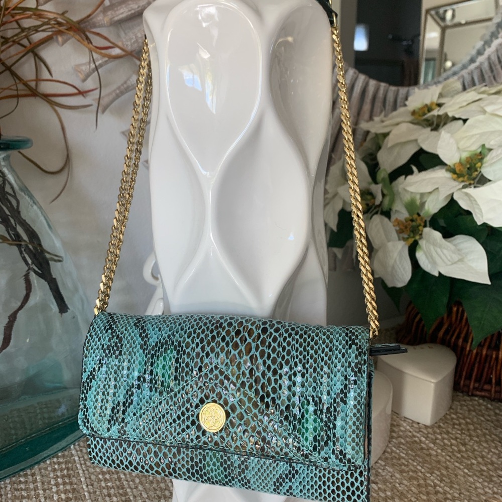 NWT Kate Landry Teal Snake-Embossed Crossbody 3way purse with Gold Chain Strap - Picture 10 of 10